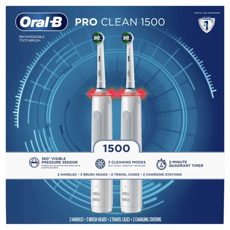 Bộ 2 bàn chải máy Oral-B Pro Clean 1500 Rechargeable Toothbrush, White