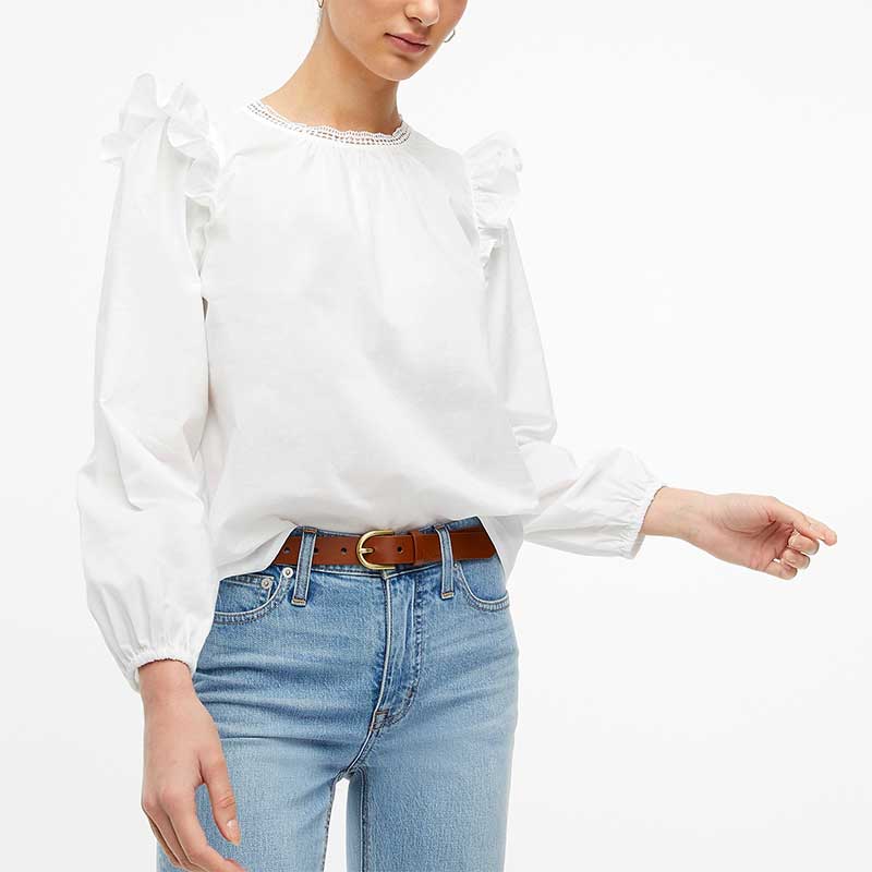 Áo J.Crew Long Sleeve Ruffle Shoulder - White, Size PL