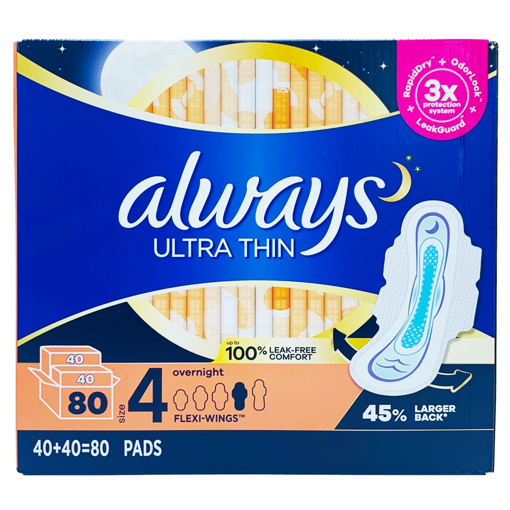 Băng vệ sinh Always Ultra Thin 3X Advanced Protection Overnight With Wings, 80 miếng