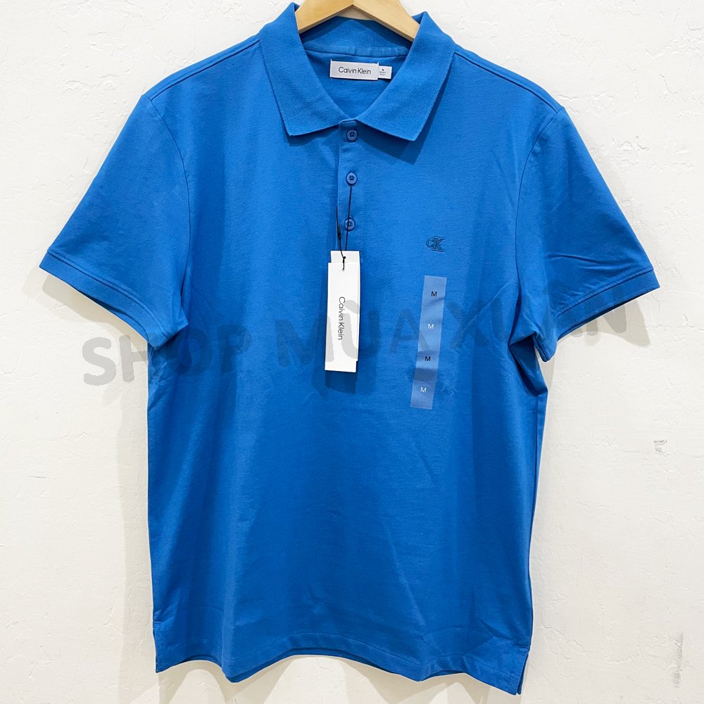 Áo Calvin Klein Smooth Cotton Monogram Logo Polo Shirt - Blue, Size M
