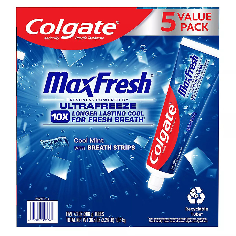 Set kem đánh răng Colgate Max Fresh With Breath Strips - Cool Mint, 5 x 206g