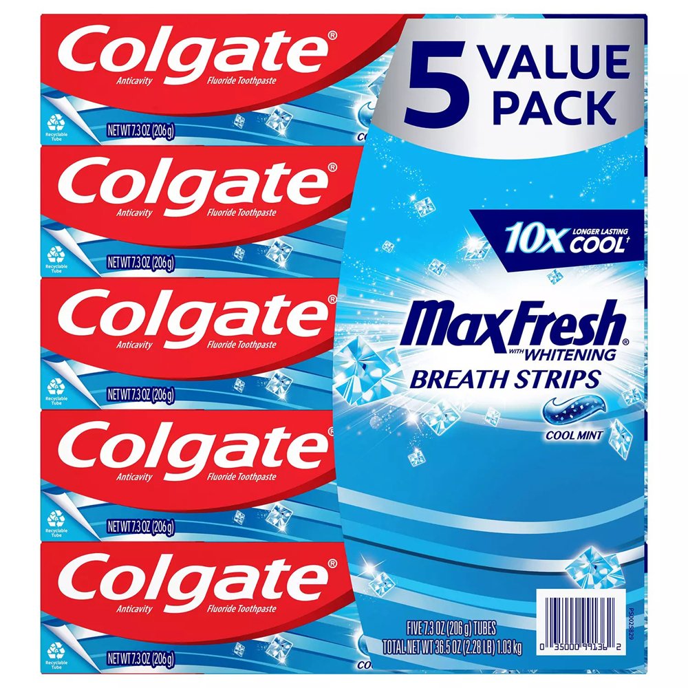 Set kem đánh răng Colgate Max Fresh With Whitening Breath Strips, 5 x 206g