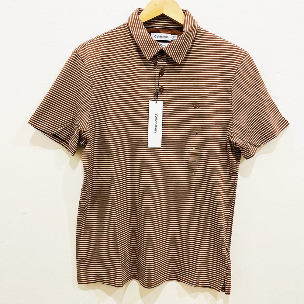 Áo Calvin Klein Smooth Cotton Striped Monogram Logo Polo - Brown, Size L