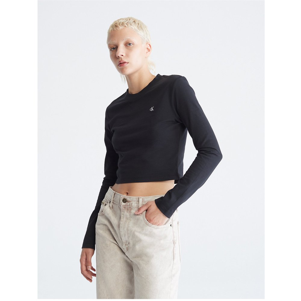 Áo Calvin Klein Monogram Logo Long Sleeve Crop Top - Black, Size M