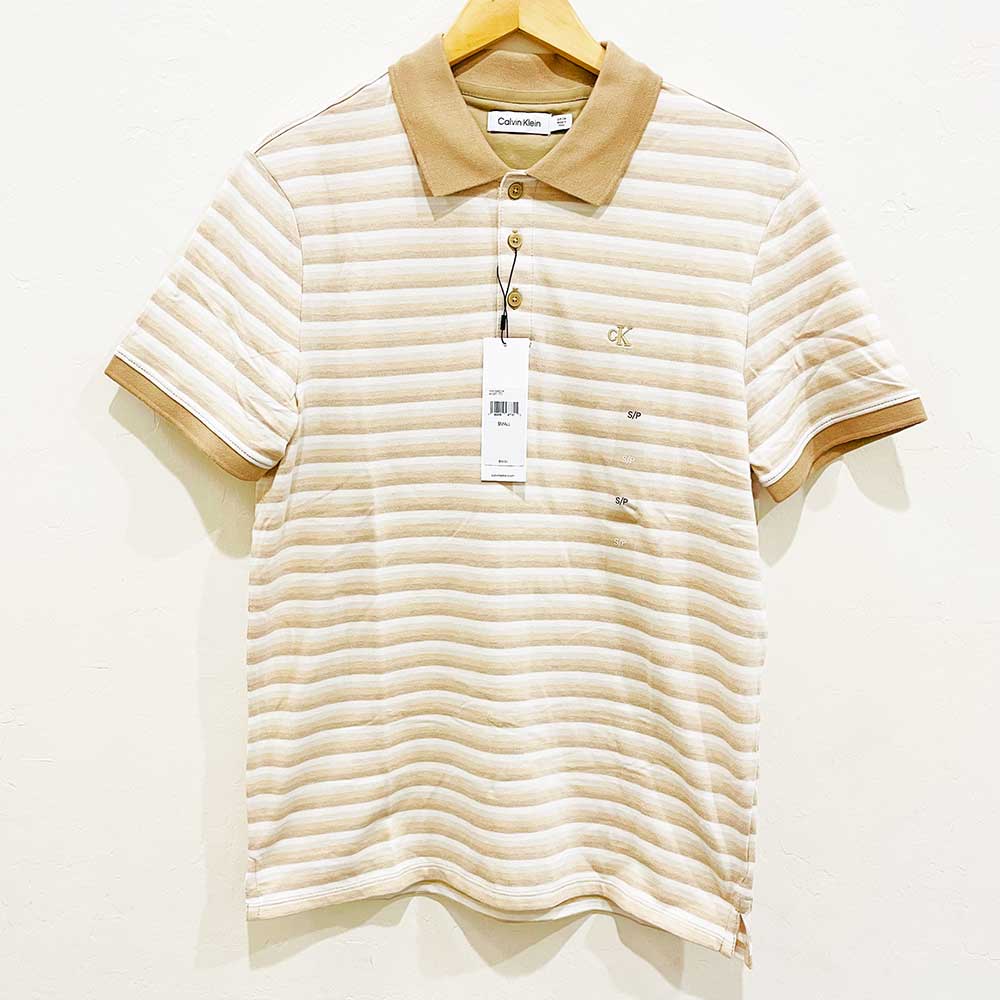 Áo Calvin Klein Striped Monogram Logo Polo - Brown, Size M