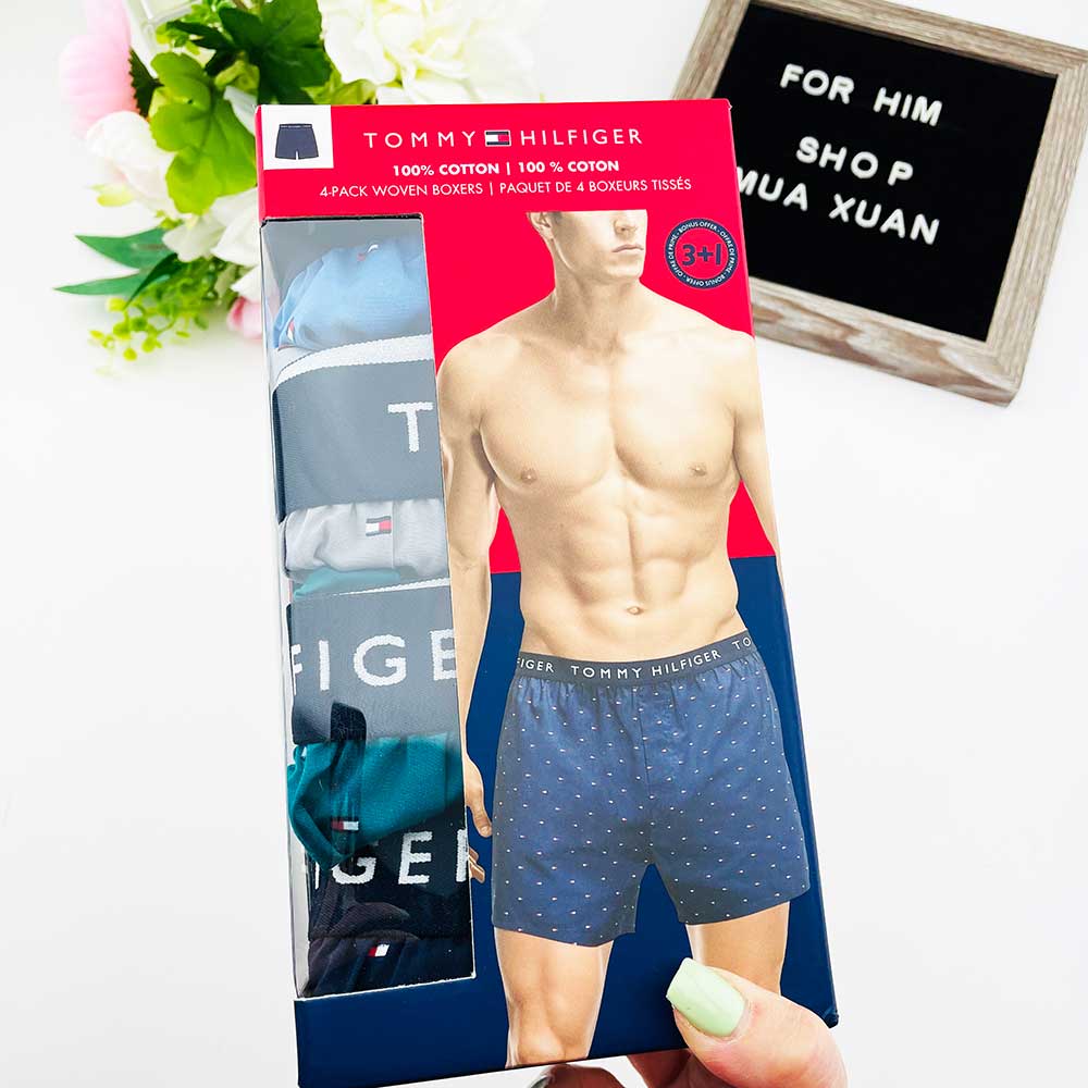 Set 4 quần Tommy Hilfiger Cotton Woven Boxers - Blue/Gray/Green/Navy, Size M
