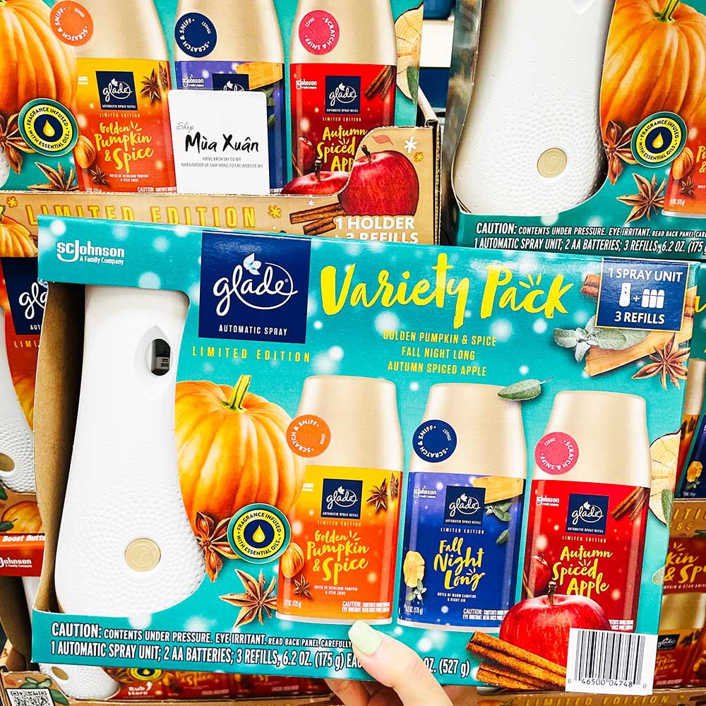 Bộ máy phun sương và tinh dầu thơm Glade Automatic Spray Variety Pack, Golden Pumpkin & Spice/Fall Night Long/Autumn Spiced Apple