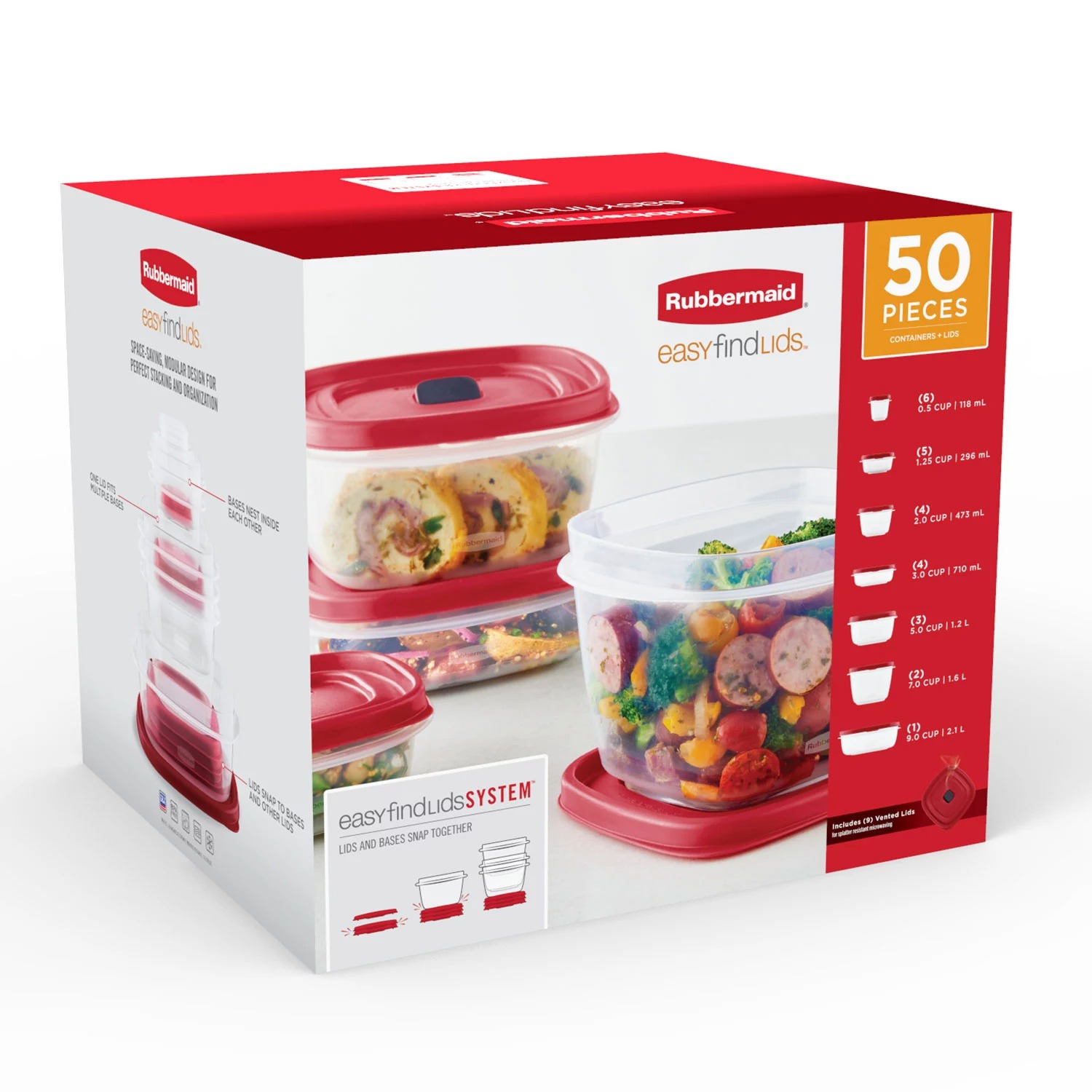 Bộ hộp nhựa Rubbermaid EasyFindLids Vented Food Storage, 50 món