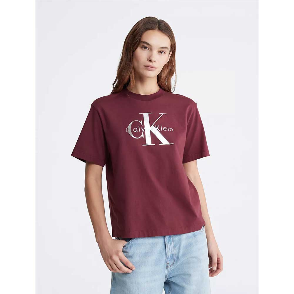 Áo Calvin Klein Metallic Monogram Logo Boxy Crewneck T-Shirt - Wine, Size S