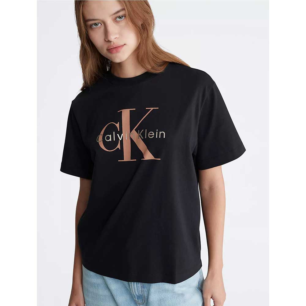 Áo Calvin Klein Metallic Monogram Logo Boxy Crewneck T-Shirt - Black, Size S
