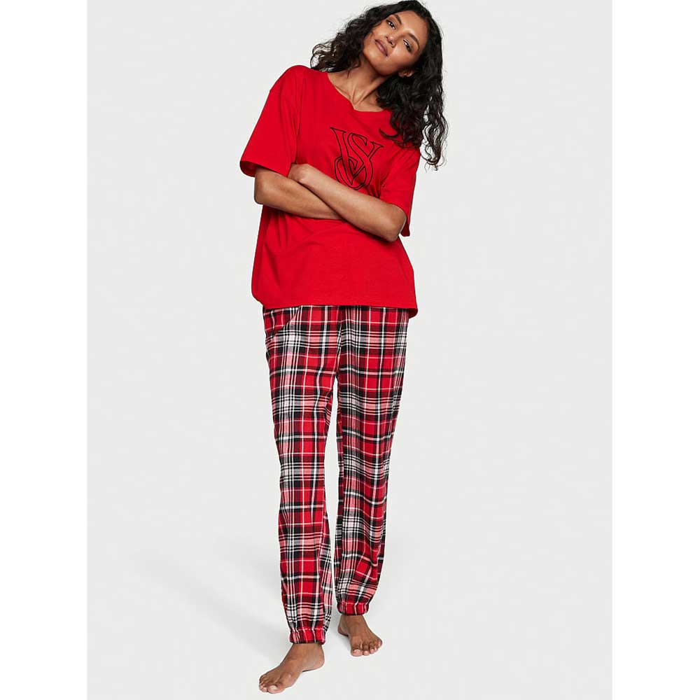 Bộ Victoria's Secret Flannel Jogger Tee-Jama Set - Lipstick Heritage Plaid, Size XS Short