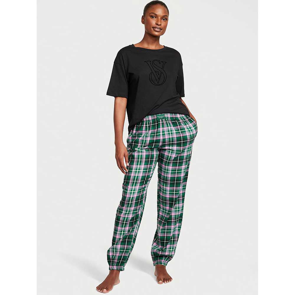 Bộ Victoria's Secret Flannel Jogger Tee-Jama Set - Green/Pink Pop Plaid, Size S Short