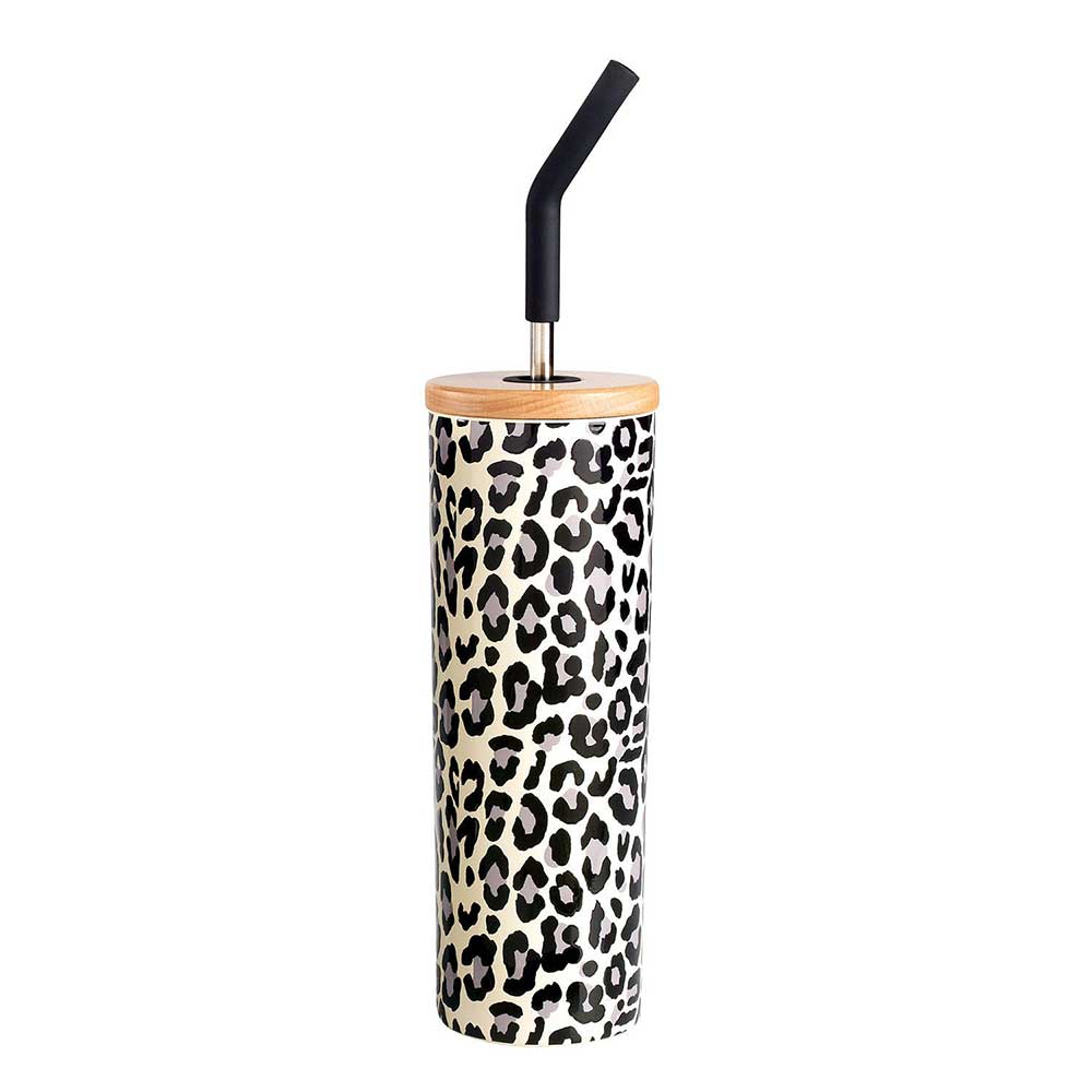 Ly giữ nhiệt Member's Mark Tumbler With Wood Lids And Stainless Steel Straws - Cheetah, 710ml