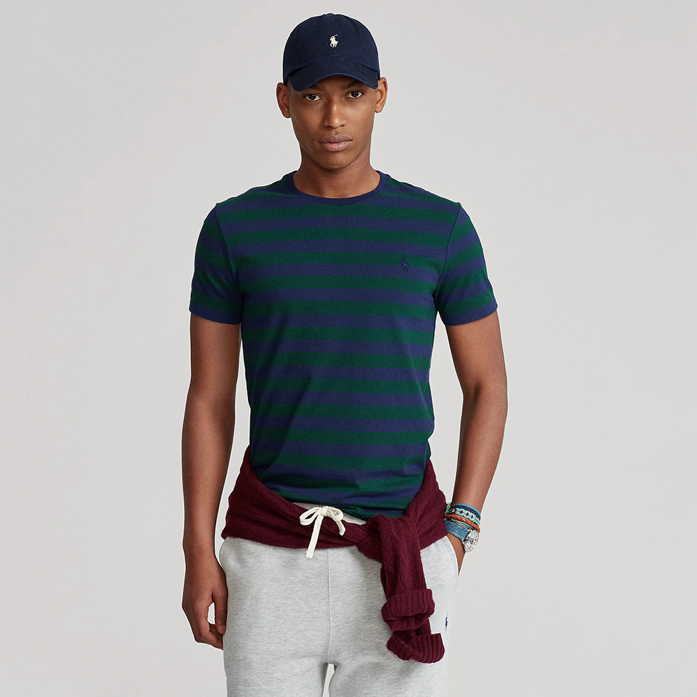 Áo Polo Ralph Lauren Custom Slim fit Striped Crewneck - Green/Navy, Size M