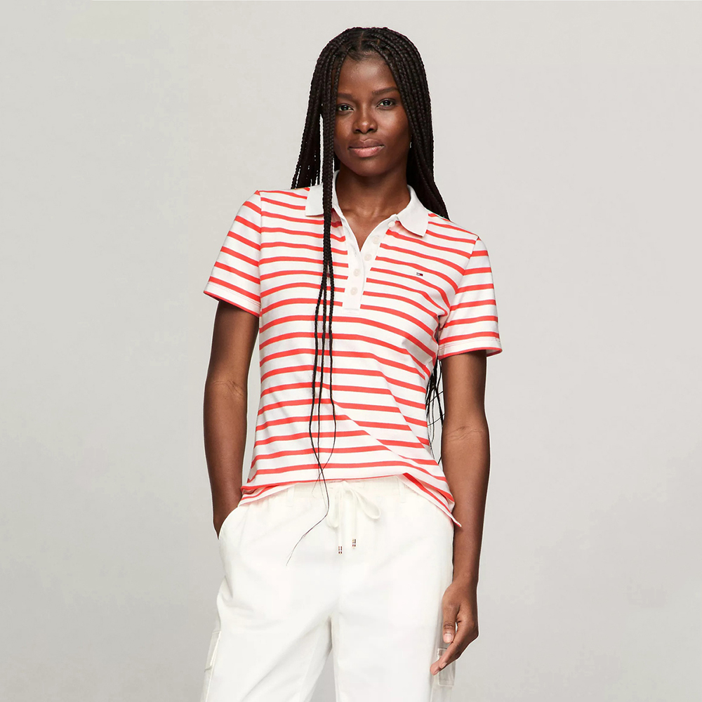 Áo Tommy Hilfiger Slim Fit Stripe Stretch-Cotton Polo - Hollywood Cerise Multi, Size L