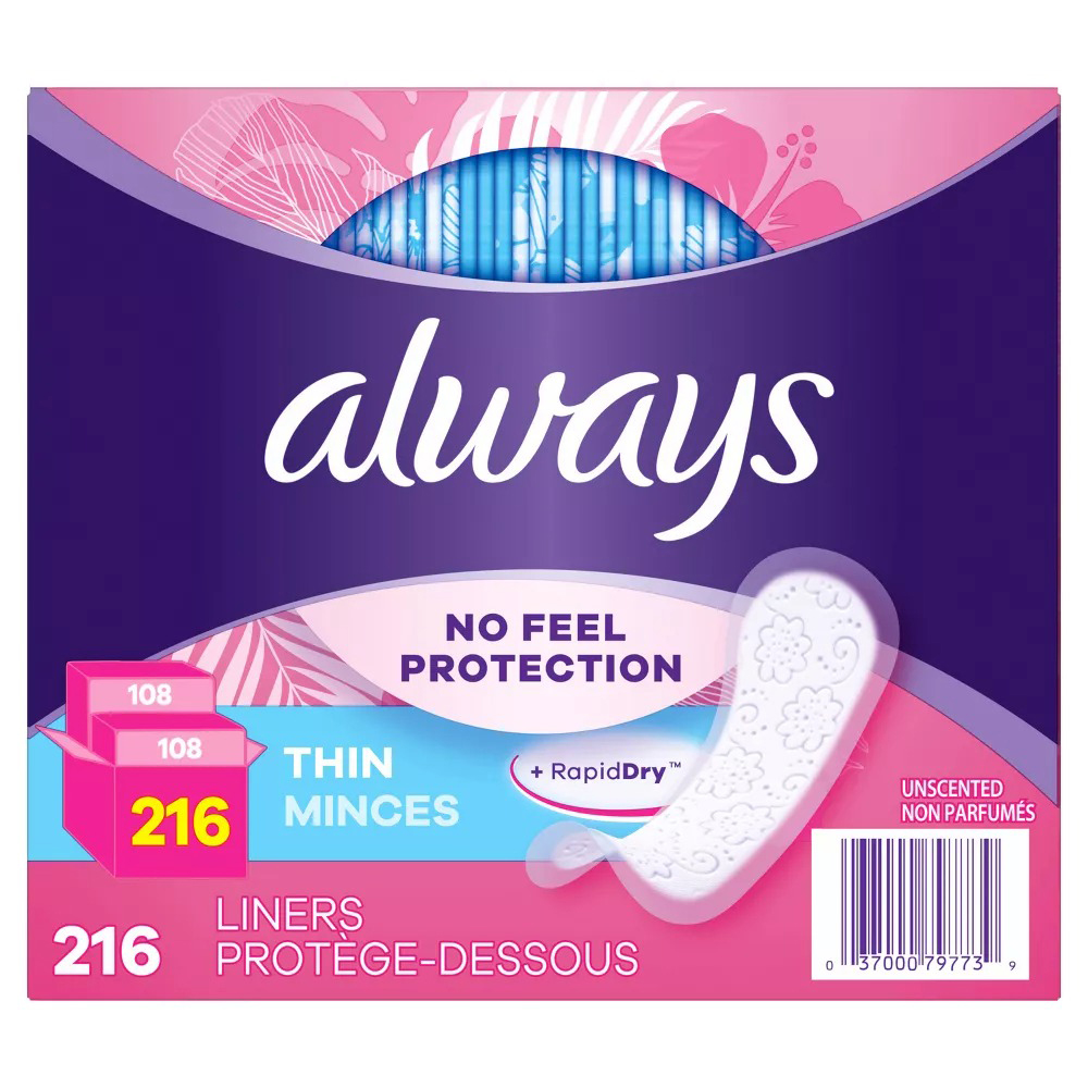 Băng vệ sinh hàng ngày Always Thin No Feel Protection Liners, 216 miếng.