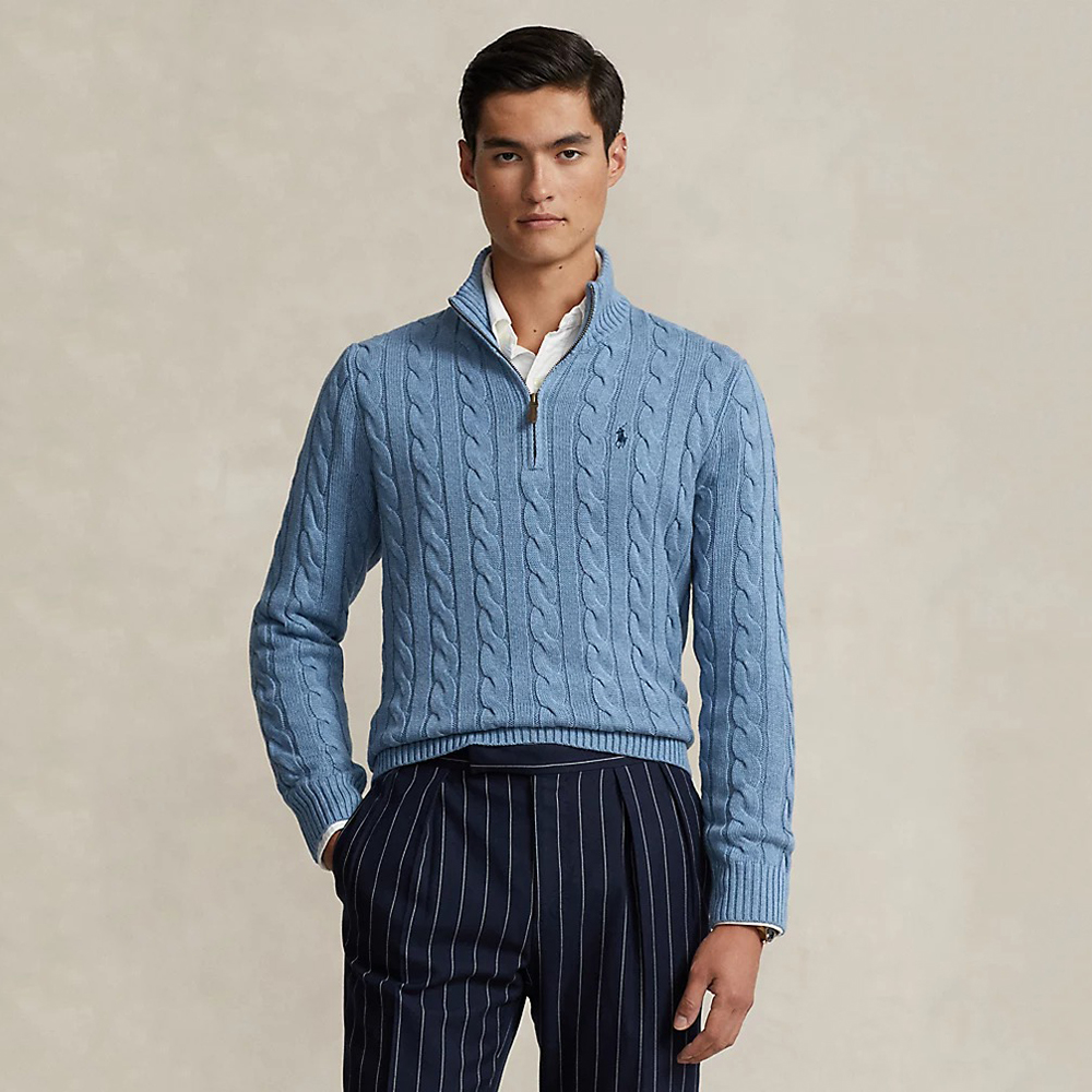 Áo Polo Ralph Lauren Cable-Knit Cotton Quarter-Zip Sweater - Sky Blue, Size M
