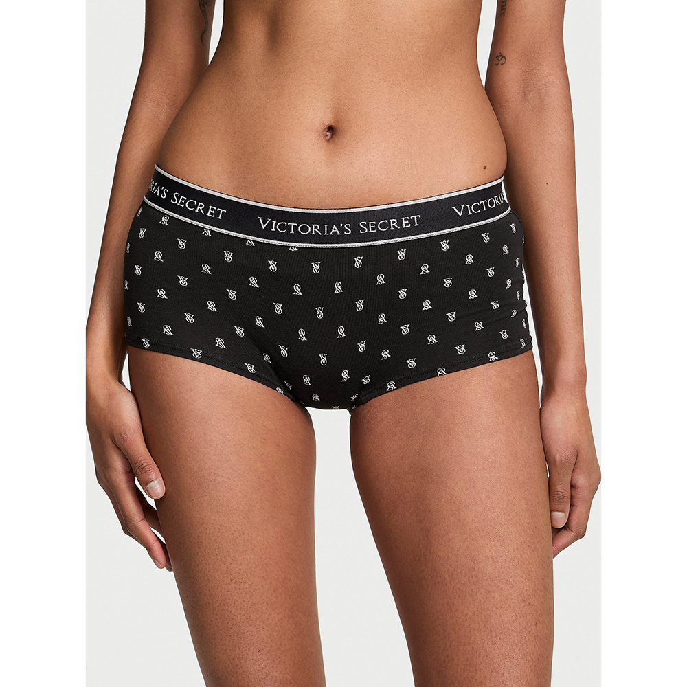 Quần lót Victoria's Secret Logo Cotton Boyshort - Black Logos, Size L