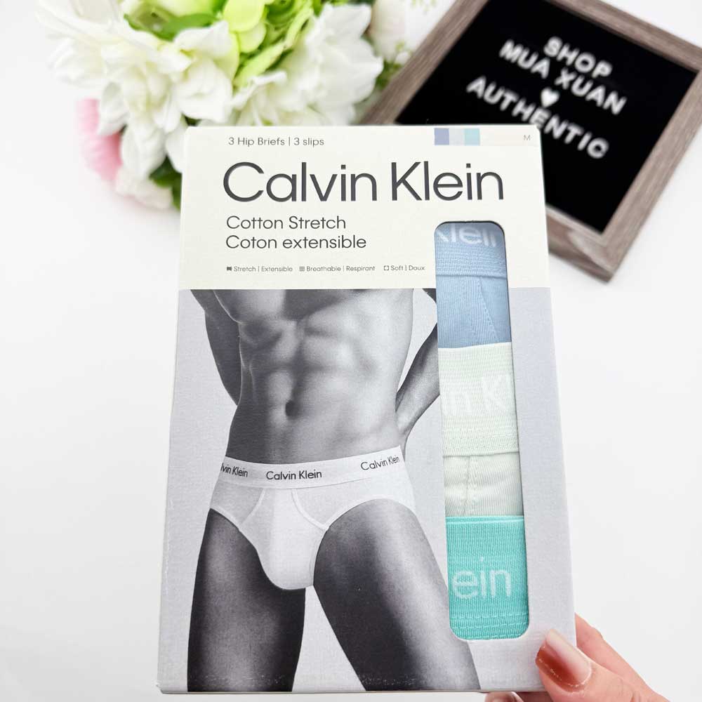 Set 3 quần Calvin Klein Cotton Stretch Hip Brief - Blue/Beige/Mint, Size M