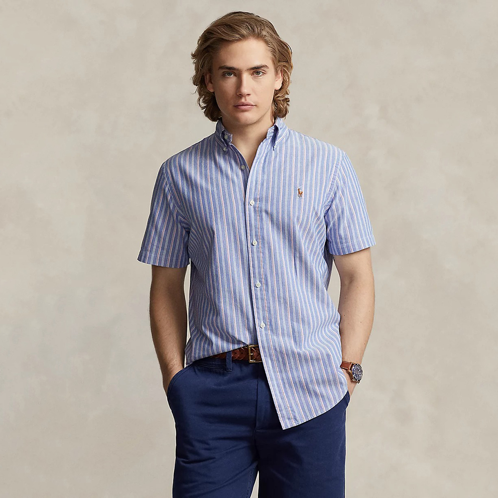 Áo Polo Ralph Lauren Classic Fit Striped Oxford - Blue/Pink, Size M