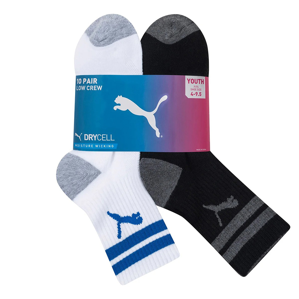 Vớ Puma Youth Low Crew - Set 10 đôi, Black/White/Grey