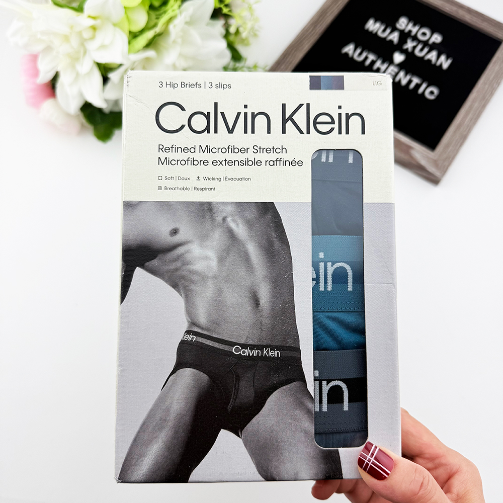 Set 3 quần Calvin Klein Refined Microfiber Hip Brief - Navy/Green/Grey, Size M