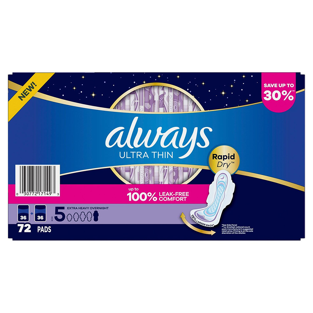 Băng vệ sinh Always Ultra Thin 3X Advanced Protection Extra Heavy Overnight With Wings, 72 miếng