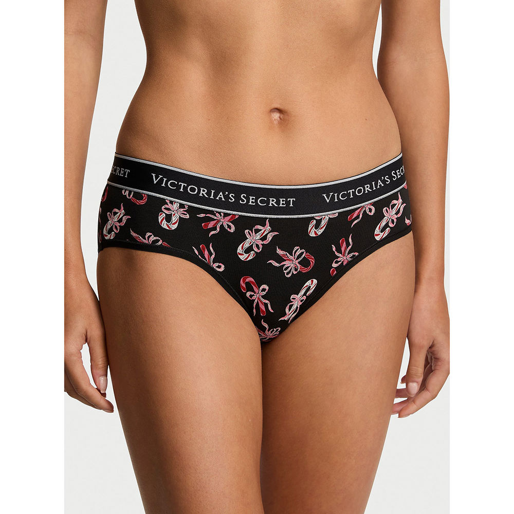 Quần lót Victoria's Secret Logo Cotton Hiphugger - Black Candy Canes, Size L