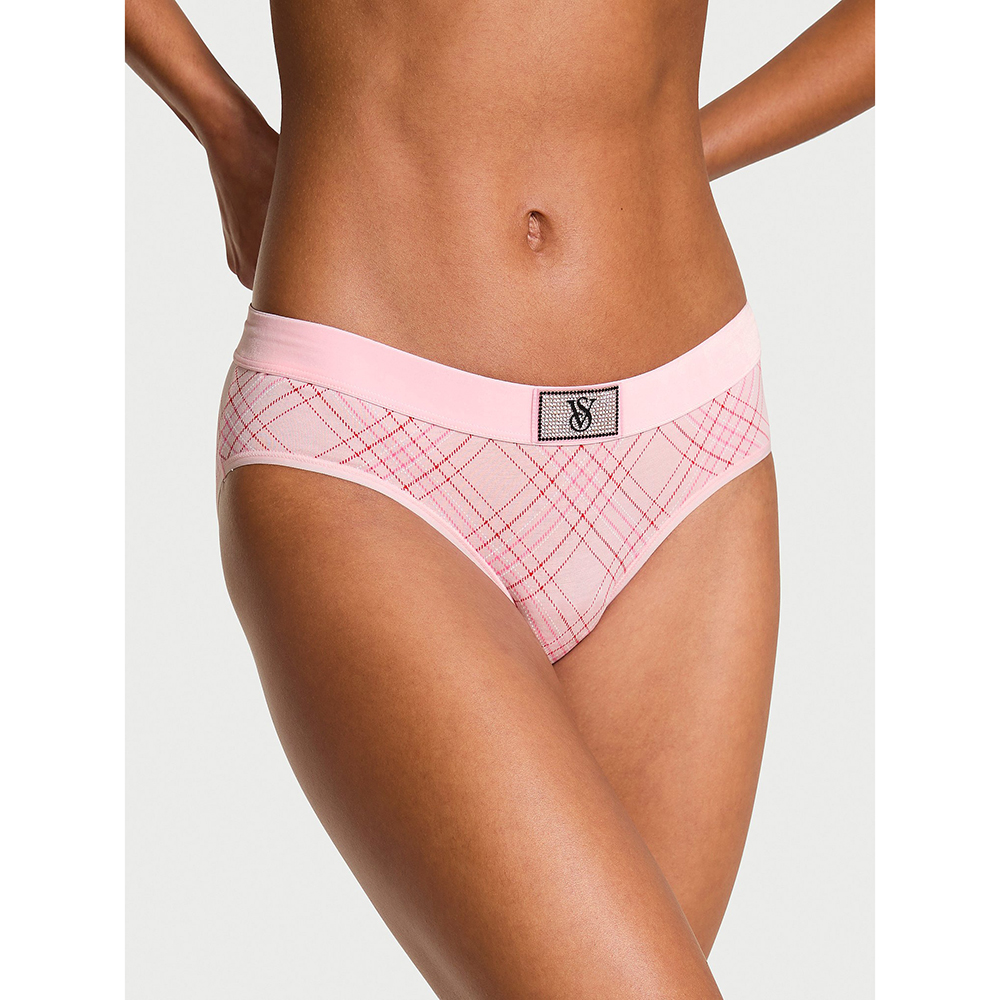 Quần lót Victoria's Secret Logo Cotton Shine Patch Velvet Hiphugger - Pink Plaid, Size XS