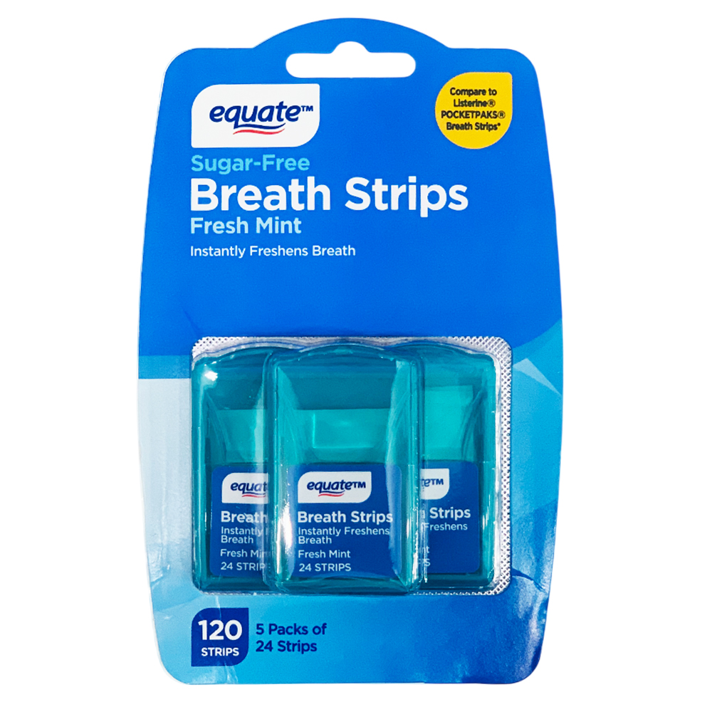 Miếng phim ngậm thơm miệng Equate Sugar Free Fresh Mint Breath Strips, 5 x 24