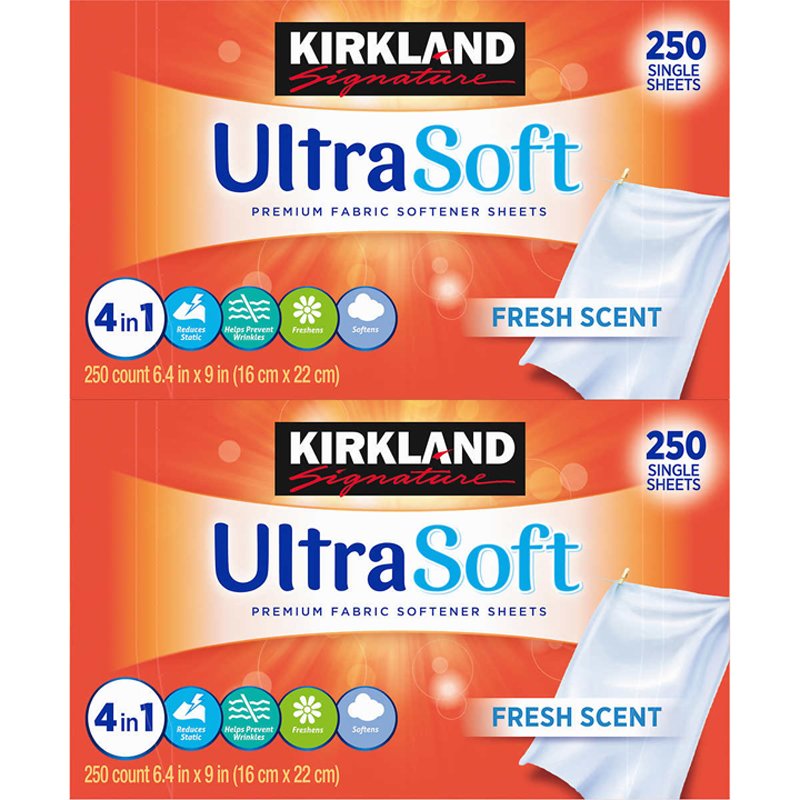 Giấy xả vải Kirkland Signature Premium Fabric Softener - Refreshing, 2 x 250 tờ